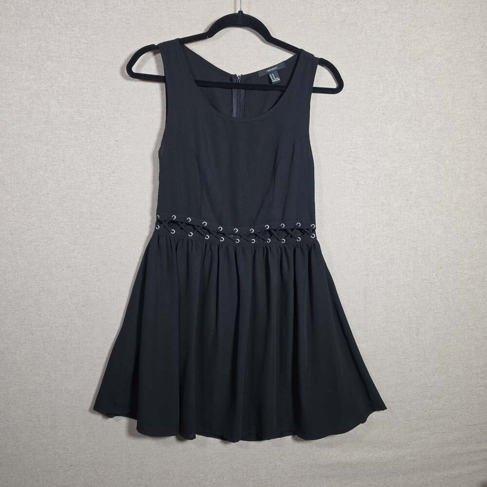 Y2K Forever 21 Black Sleeveless Mini Dress Lace Up Waist Sz M Mall Goth Club